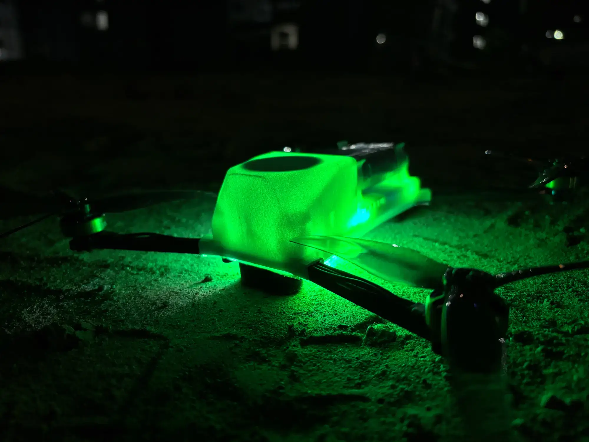 Aerolyt Nano drone with LED lights glowing brightly, showcasing advanced drone technology for a stunning drone light show business